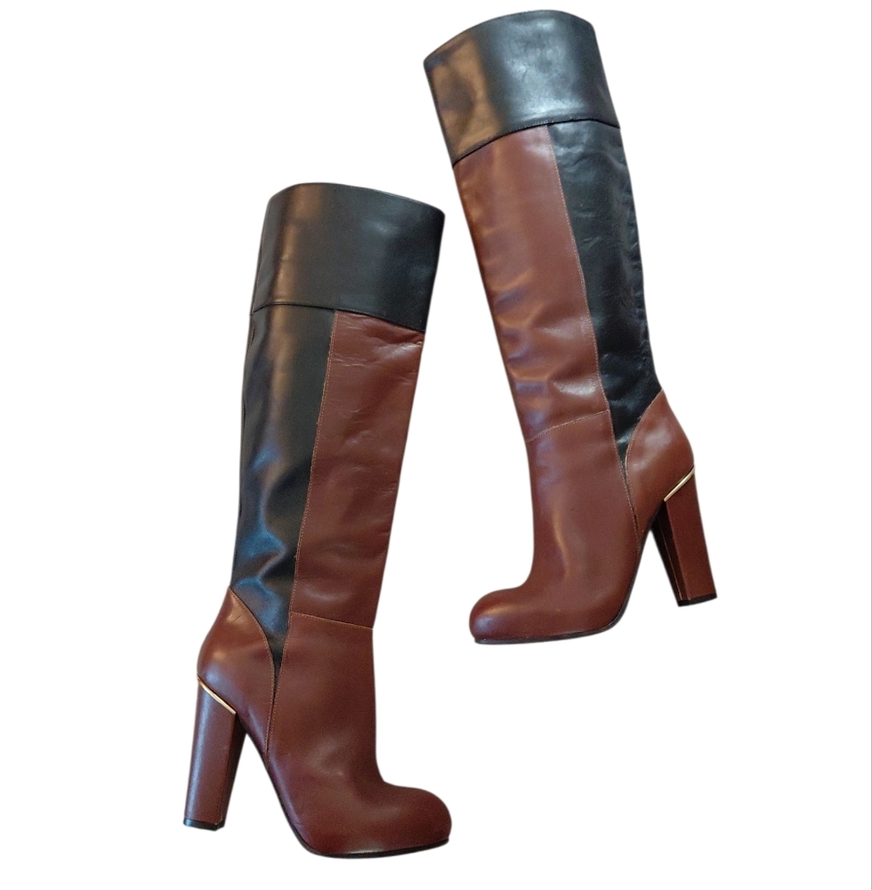 Italian Leather Boots Two Toned Women's Knee High Heeled Boot Sz 6